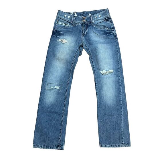 H&M Y2K button fly zipper back pockets distressed hippie woman’s 8 (29) patch - Picture 1 of 10